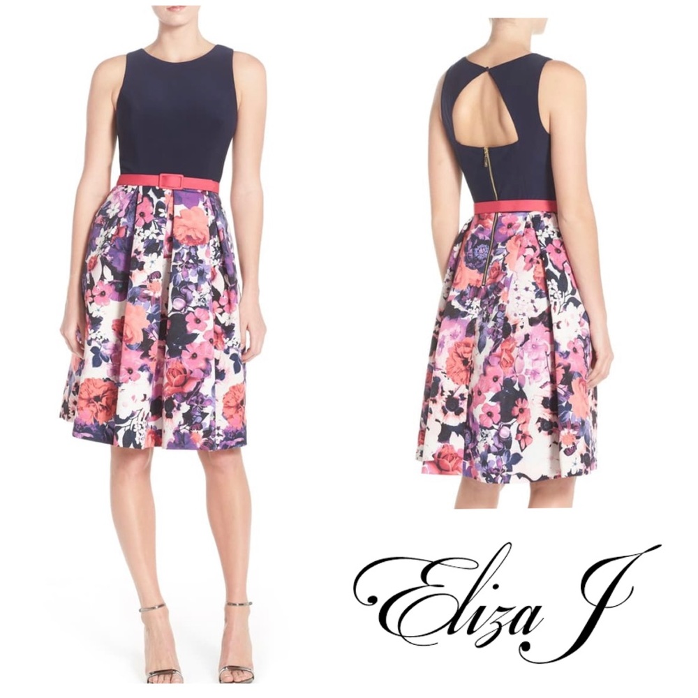 Eliza J Jersey Floral Faille Fit & Flare Dress 10